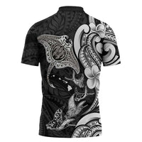 Hawaiian Manta Rays Zipper Polo Shirt Tribal Hibiscus Polynesian Tattoos Black Color LT03 - Polynesian Pride
