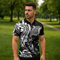 Hawaiian Manta Rays Zipper Polo Shirt Tribal Hibiscus Polynesian Tattoos Black Color LT03 - Polynesian Pride