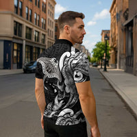 Hawaiian Manta Rays Zipper Polo Shirt Tribal Hibiscus Polynesian Tattoos Black Color - Polynesian Pride
