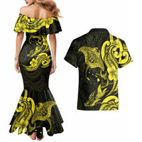 Hawaiian Manta Rays Couples Matching Mermaid Dress and Hawaiian Shirt Tribal Hibiscus Polynesian Tattoos Yellow Color - Polynesian Pride