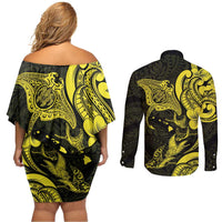 Hawaiian Manta Rays Couples Matching Off Shoulder Short Dress and Long Sleeve Button Shirt Tribal Hibiscus Polynesian Tattoos Yellow Color - Polynesian Pride