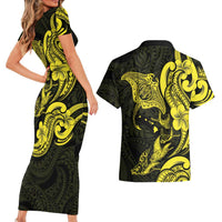 Hawaiian Manta Rays Couples Matching Short Sleeve Bodycon Dress and Hawaiian Shirt Tribal Hibiscus Polynesian Tattoos Yellow Color LT03 - Polynesian Pride
