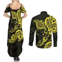 Hawaiian Manta Rays Couples Matching Summer Maxi Dress and Long Sleeve Button Shirt Tribal Hibiscus Polynesian Tattoos Yellow Color LT03 - Polynesian Pride