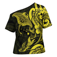 Hawaiian Manta Rays Cross Shoulder Shirt Tribal Hibiscus Polynesian Tattoos Yellow Color LT03 - Polynesian Pride