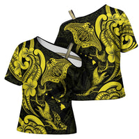 Hawaiian Manta Rays Cross Shoulder Shirt Tribal Hibiscus Polynesian Tattoos Yellow Color LT03 - Polynesian Pride