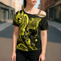 Hawaiian Manta Rays Cross Shoulder Shirt Tribal Hibiscus Polynesian Tattoos Yellow Color LT03 - Polynesian Pride