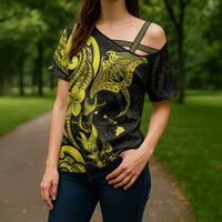 Hawaiian Manta Rays Cross Shoulder Shirt Tribal Hibiscus Polynesian Tattoos Yellow Color LT03 - Polynesian Pride