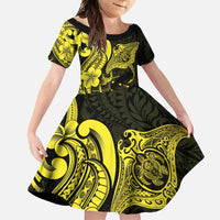 Hawaiian Manta Rays Family Matching Long Sleeve Bodycon Dress and Hawaiian Shirt Tribal Hibiscus Polynesian Tattoos Yellow Color LT03 Daughter's Dress Yellow - Polynesian Pride