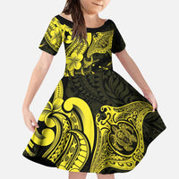 Hawaiian Manta Rays Family Matching Mermaid Dress and Hawaiian Shirt Tribal Hibiscus Polynesian Tattoos Yellow Color LT03 Daughter's Dress Yellow - Polynesian Pride