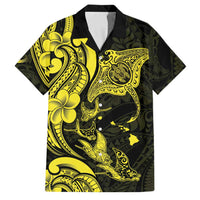 Hawaiian Manta Rays Family Matching Off The Shoulder Long Sleeve Dress and Hawaiian Shirt Tribal Hibiscus Polynesian Tattoos Yellow Color LT03 Dad's Shirt - Short Sleeve Yellow - Polynesian Pride