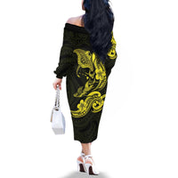 Hawaiian Manta Rays Family Matching Off The Shoulder Long Sleeve Dress and Hawaiian Shirt Tribal Hibiscus Polynesian Tattoos Yellow Color - Polynesian Pride