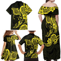 Hawaiian Manta Rays Family Matching Off Shoulder Maxi Dress and Hawaiian Shirt Tribal Hibiscus Polynesian Tattoos Yellow Color - Polynesian Pride