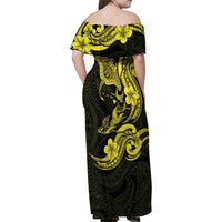 Hawaiian Manta Rays Family Matching Off Shoulder Maxi Dress and Hawaiian Shirt Tribal Hibiscus Polynesian Tattoos Yellow Color - Polynesian Pride