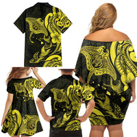 Hawaiian Manta Rays Family Matching Off Shoulder Short Dress and Hawaiian Shirt Tribal Hibiscus Polynesian Tattoos Yellow Color LT03 - Polynesian Pride