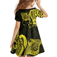 Hawaiian Manta Rays Family Matching Short Sleeve Bodycon Dress and Hawaiian Shirt Tribal Hibiscus Polynesian Tattoos Yellow Color - Polynesian Pride