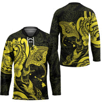 Hawaiian Manta Rays Hockey Jersey Tribal Hibiscus Polynesian Tattoos Yellow Color - Polynesian Pride
