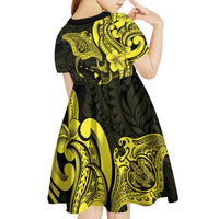 Hawaiian Manta Rays Kid Short Sleeve Dress Tribal Hibiscus Polynesian Tattoos Yellow Color LT03 - Polynesian Pride