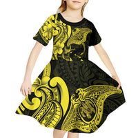 Hawaiian Manta Rays Kid Short Sleeve Dress Tribal Hibiscus Polynesian Tattoos Yellow Color LT03 - Polynesian Pride