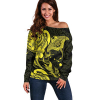 Hawaiian Manta Rays Off Shoulder Sweater Tribal Hibiscus Polynesian Tattoos Yellow Color - Polynesian Pride