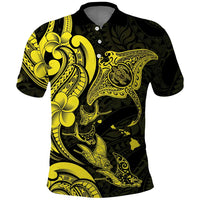 Hawaiian Manta Rays Polo Shirt Tribal Hibiscus Polynesian Tattoos Yellow Color - Polynesian Pride