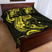 Hawaiian Manta Rays Quilt Bed Set Tribal Hibiscus Polynesian Tattoos Yellow Color - Polynesian Pride