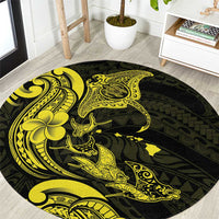 Hawaiian Manta Rays Round Carpet Tribal Hibiscus Polynesian Tattoos Yellow Color - Polynesian Pride