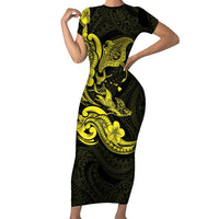 Hawaiian Manta Rays Short Sleeve Bodycon Dress Tribal Hibiscus Polynesian Tattoos Yellow Color LT03 Long Dress Yellow - Polynesian Pride