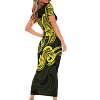 Hawaiian Manta Rays Short Sleeve Bodycon Dress Tribal Hibiscus Polynesian Tattoos Yellow Color LT03 - Polynesian Pride