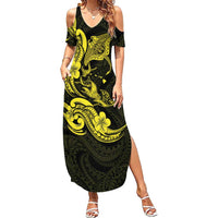 Hawaiian Manta Rays Summer Maxi Dress Tribal Hibiscus Polynesian Tattoos Yellow Color LT03 Women Yellow - Polynesian Pride