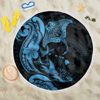 Hawaiian Manta Rays Beach Blanket Tribal Hibiscus Polynesian Tattoos Blue Color - Polynesian Pride