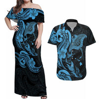 Hawaiian Manta Rays Couples Matching Off Shoulder Maxi Dress and Hawaiian Shirt Tribal Hibiscus Polynesian Tattoos Blue Color - Polynesian Pride