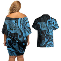 Hawaiian Manta Rays Couples Matching Off Shoulder Short Dress and Hawaiian Shirt Tribal Hibiscus Polynesian Tattoos Blue Color - Polynesian Pride