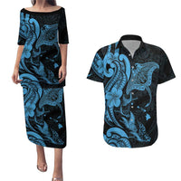 Hawaiian Manta Rays Couples Matching Puletasi and Hawaiian Shirt Tribal Hibiscus Polynesian Tattoos Blue Color LT03 Blue - Polynesian Pride