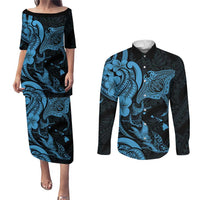 Hawaiian Manta Rays Couples Matching Puletasi and Long Sleeve Button Shirt Tribal Hibiscus Polynesian Tattoos Blue Color LT03 Blue - Polynesian Pride