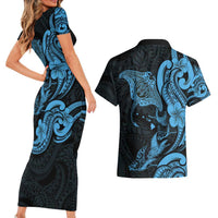 Hawaiian Manta Rays Couples Matching Short Sleeve Bodycon Dress and Hawaiian Shirt Tribal Hibiscus Polynesian Tattoos Blue Color - Polynesian Pride