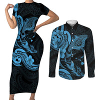 Hawaiian Manta Rays Couples Matching Short Sleeve Bodycon Dress and Long Sleeve Button Shirt Tribal Hibiscus Polynesian Tattoos Blue Color - Polynesian Pride