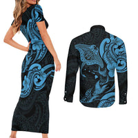 Hawaiian Manta Rays Couples Matching Short Sleeve Bodycon Dress and Long Sleeve Button Shirt Tribal Hibiscus Polynesian Tattoos Blue Color - Polynesian Pride