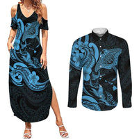 Hawaiian Manta Rays Couples Matching Summer Maxi Dress and Long Sleeve Button Shirt Tribal Hibiscus Polynesian Tattoos Blue Color LT03 Blue - Polynesian Pride