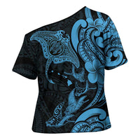 Hawaiian Manta Rays Cross Shoulder Shirt Tribal Hibiscus Polynesian Tattoos Blue Color - Polynesian Pride