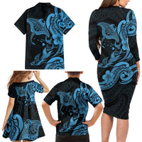 Hawaiian Manta Rays Family Matching Long Sleeve Bodycon Dress and Hawaiian Shirt Tribal Hibiscus Polynesian Tattoos Blue Color LT03 - Polynesian Pride