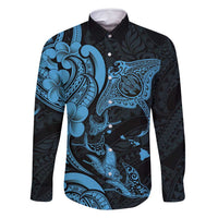 Hawaiian Manta Rays Family Matching Long Sleeve Bodycon Dress and Hawaiian Shirt Tribal Hibiscus Polynesian Tattoos Blue Color LT03 Dad's Shirt - Long Sleeve Blue - Polynesian Pride