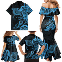 Hawaiian Manta Rays Family Matching Mermaid Dress and Hawaiian Shirt Tribal Hibiscus Polynesian Tattoos Blue Color - Polynesian Pride