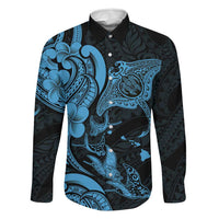 Hawaiian Manta Rays Family Matching Off The Shoulder Long Sleeve Dress and Hawaiian Shirt Tribal Hibiscus Polynesian Tattoos Blue Color LT03 Dad's Shirt - Long Sleeve Blue - Polynesian Pride