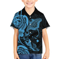 Hawaiian Manta Rays Family Matching Off The Shoulder Long Sleeve Dress and Hawaiian Shirt Tribal Hibiscus Polynesian Tattoos Blue Color - Polynesian Pride