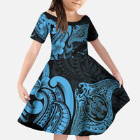 Hawaiian Manta Rays Family Matching Off Shoulder Maxi Dress and Hawaiian Shirt Tribal Hibiscus Polynesian Tattoos Blue Color LT03 Daughter's Dress Blue - Polynesian Pride