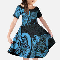 Hawaiian Manta Rays Family Matching Short Sleeve Bodycon Dress and Hawaiian Shirt Tribal Hibiscus Polynesian Tattoos Blue Color LT03 Daughter's Dress Blue - Polynesian Pride