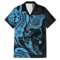 Hawaiian Manta Rays Family Matching Short Sleeve Bodycon Dress and Hawaiian Shirt Tribal Hibiscus Polynesian Tattoos Blue Color - Polynesian Pride