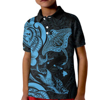 Hawaiian Manta Rays Kid Polo Shirt Tribal Hibiscus Polynesian Tattoos Blue Color - Polynesian Pride