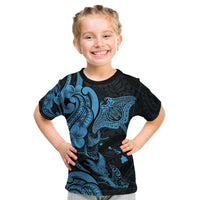 Hawaiian Manta Rays Kid T Shirt Tribal Hibiscus Polynesian Tattoos Blue Color - Polynesian Pride