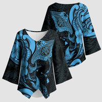 Hawaiian Manta Rays Kimono Sleeve Blouse Tribal Hibiscus Polynesian Tattoos Blue Color - Polynesian Pride